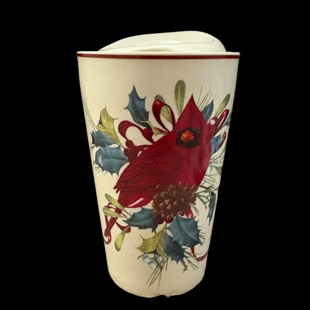 Lenox Winter Greetings Travel Mug Cardinal Bird & Lid Ceramic 12 Oz Christmas